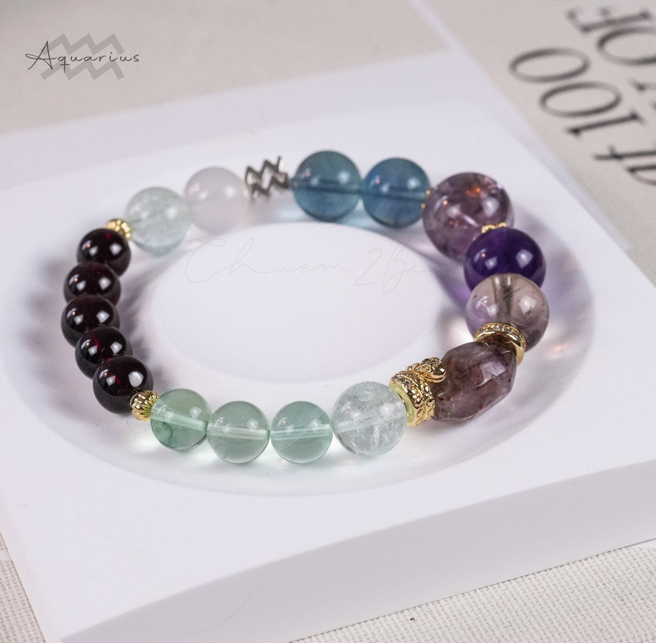 Aquarius Horoscope Lucky Guardian Crystal Natural Gemstone Bracelet Handmade Original Design on Elastic Band
