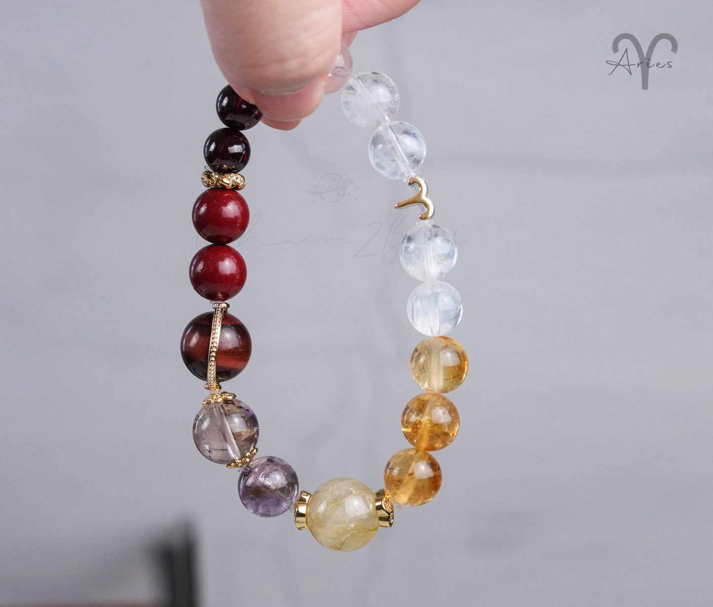 Aries Horoscope Lucky Guardian Crystal Natural Gemstone Bracelet Handmade Original Design on Elastic Band