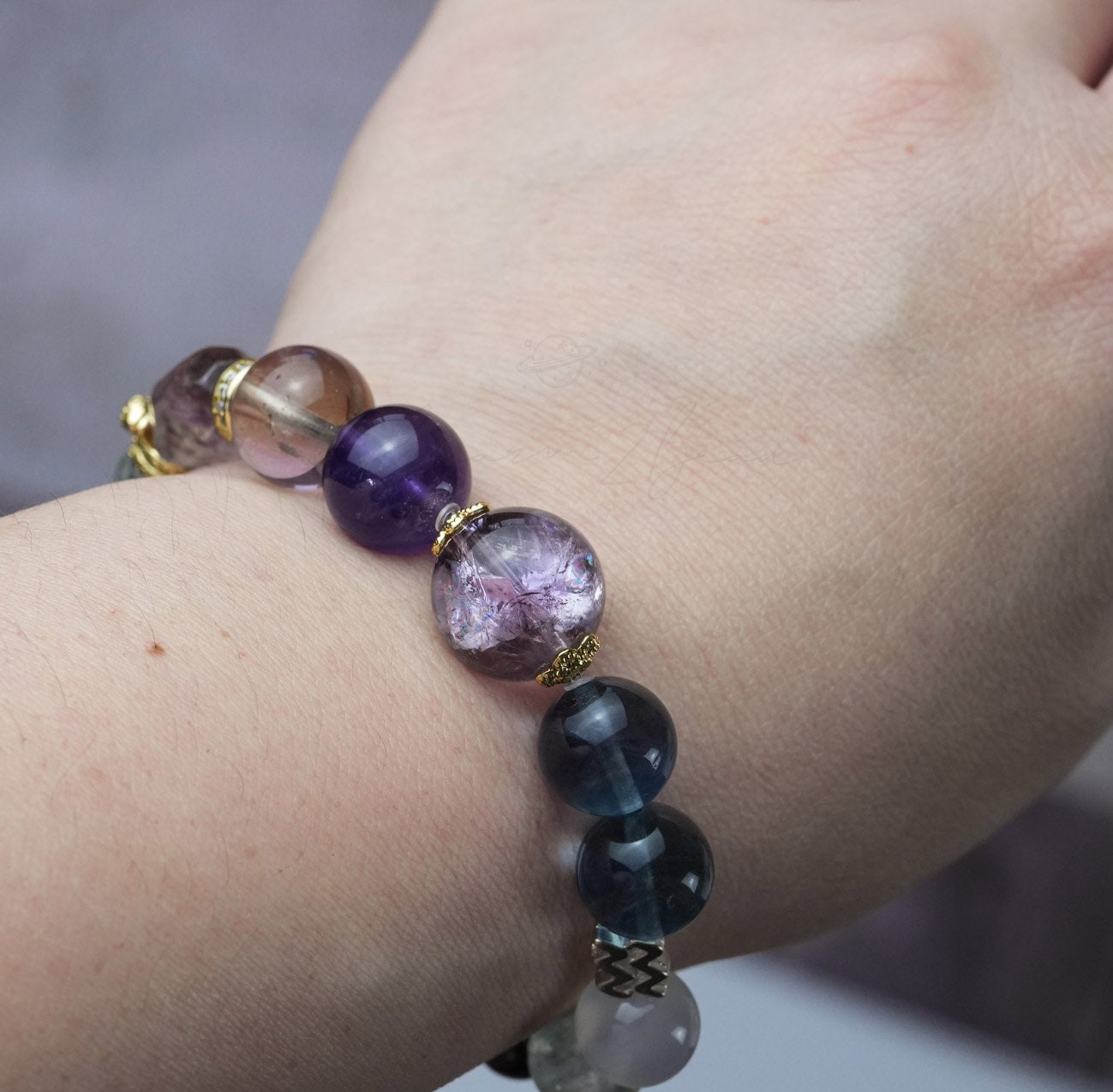 Aquarius Horoscope Lucky Guardian Crystal Natural Gemstone Bracelet Handmade Original Design on Elastic Band