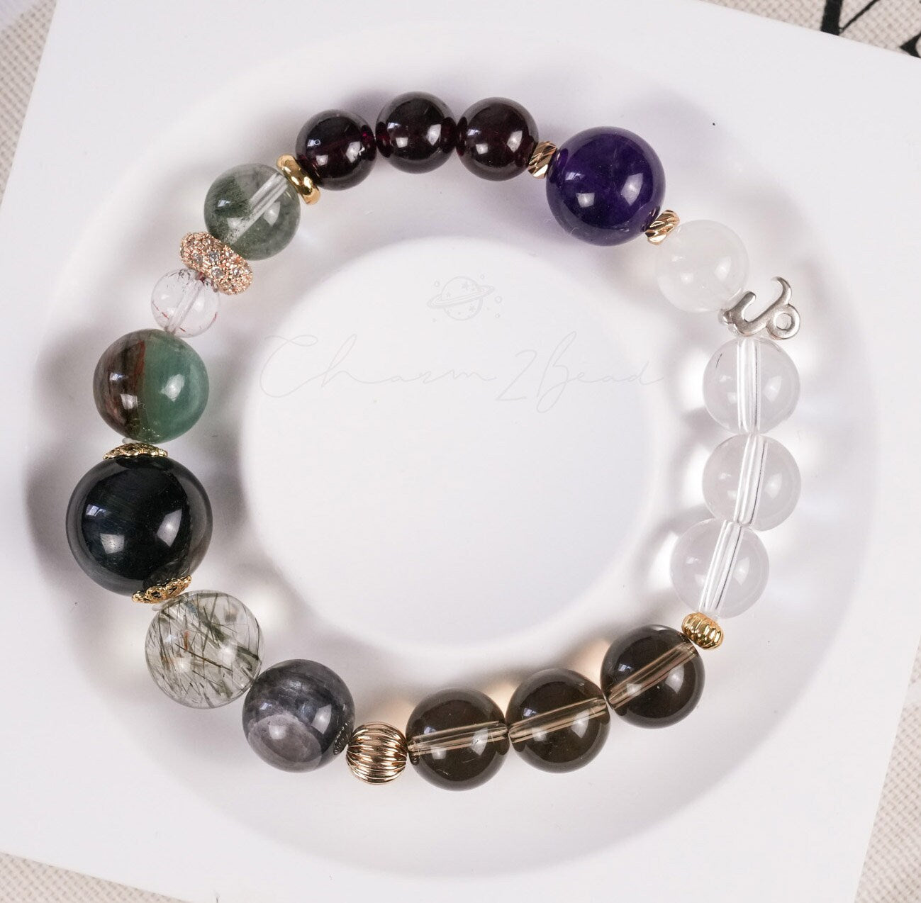 Capricorn Horoscope Lucky Guardian Crystal Natural Gemstone Bracelet Handmade Original Design on Elastic Band