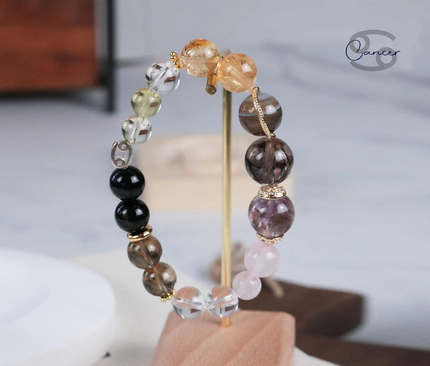 Cancer Horoscope Lucky Guardian Crystal Natural Gemstone Bracelet Handmade Original Design on Elastic Band