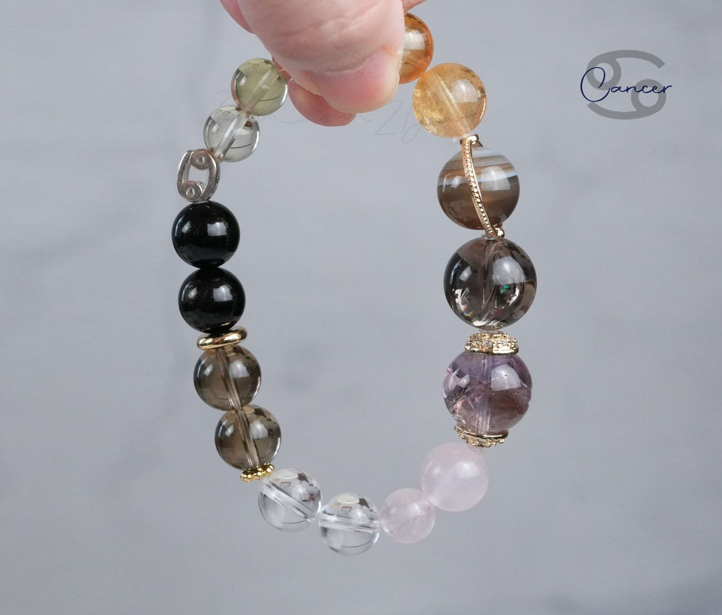 Cancer Horoscope Lucky Guardian Crystal Natural Gemstone Bracelet Handmade Original Design on Elastic Band