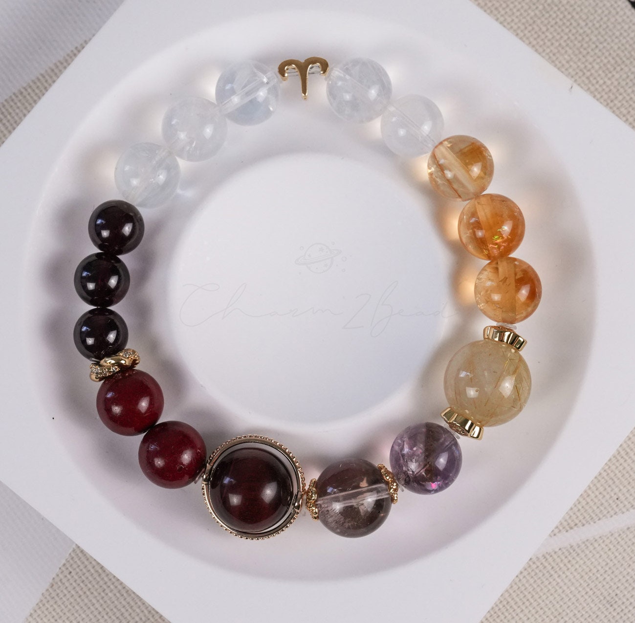 Aries Horoscope Lucky Guardian Crystal Natural Gemstone Bracelet Handmade Original Design on Elastic Band
