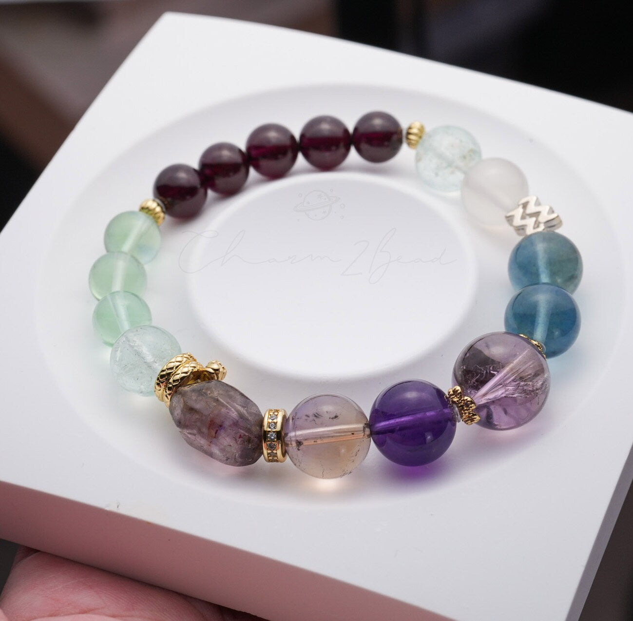 Aquarius Horoscope Lucky Guardian Crystal Natural Gemstone Bracelet Handmade Original Design on Elastic Band
