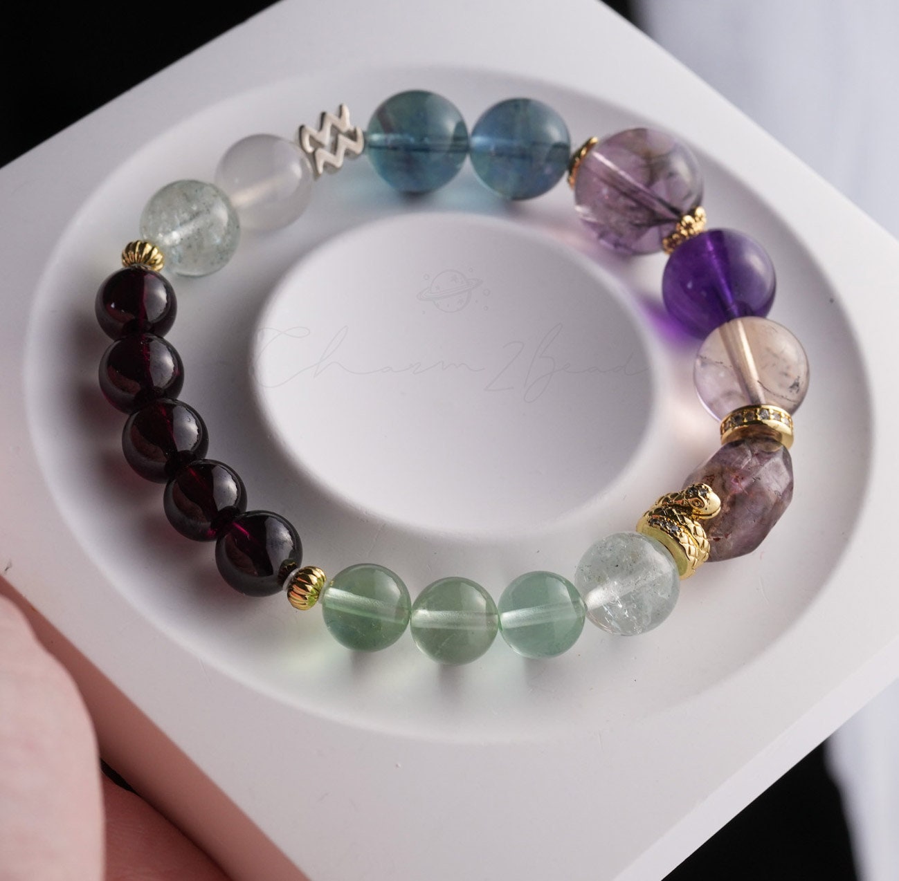 Aquarius Horoscope Lucky Guardian Crystal Natural Gemstone Bracelet Handmade Original Design on Elastic Band