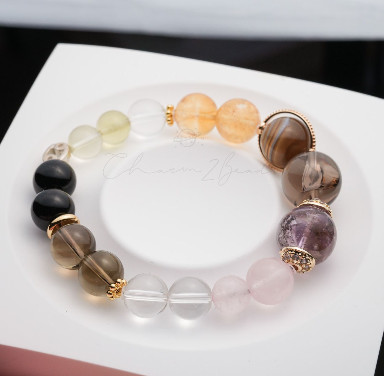 Cancer Horoscope Lucky Guardian Crystal Natural Gemstone Bracelet Handmade Original Design on Elastic Band