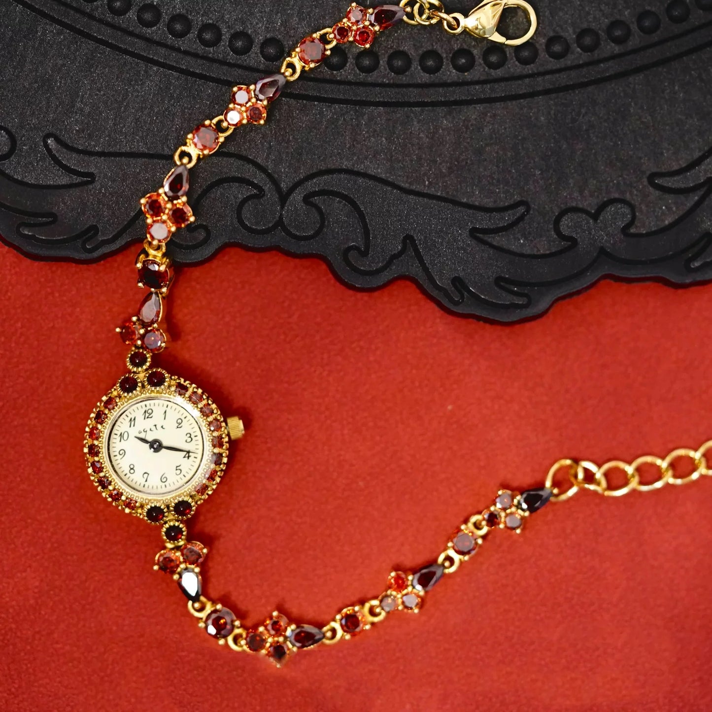 Red Crystal-Embellished Gold Women’s Watch