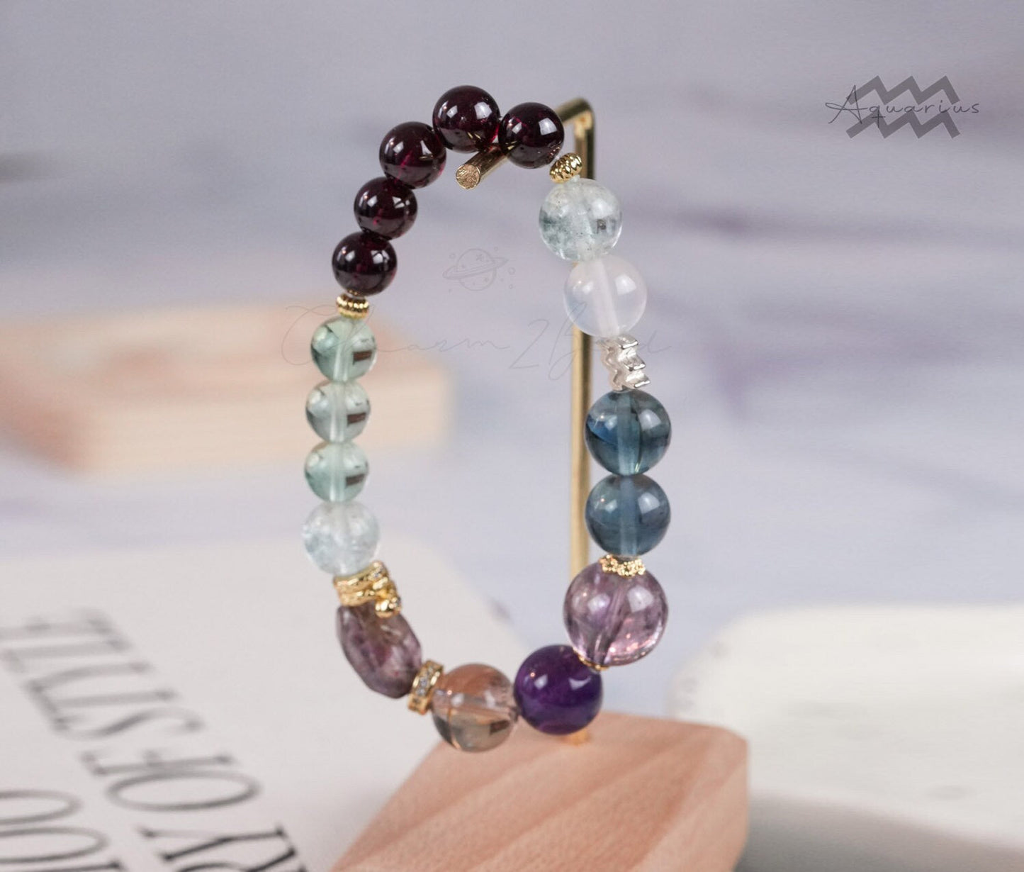 Aquarius Horoscope Lucky Guardian Crystal Natural Gemstone Bracelet Handmade Original Design on Elastic Band