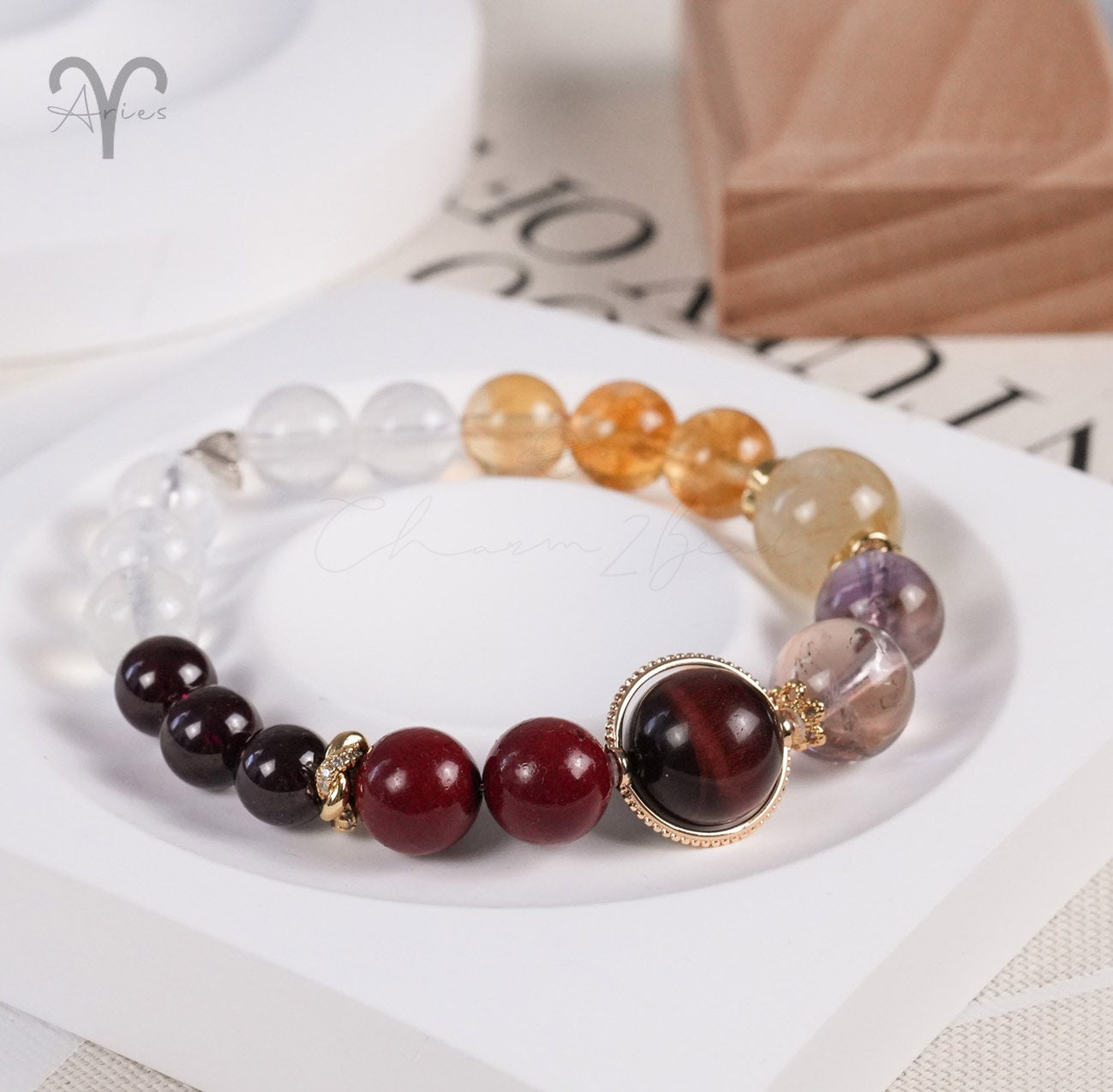 Aries Horoscope Lucky Guardian Crystal Natural Gemstone Bracelet Handmade Original Design on Elastic Band