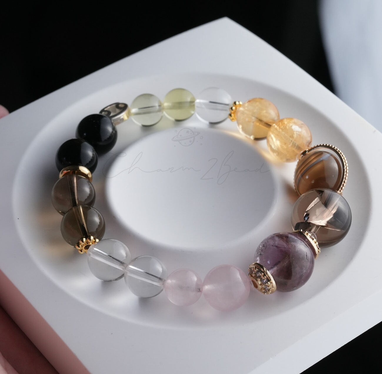 Cancer Horoscope Lucky Guardian Crystal Natural Gemstone Bracelet Handmade Original Design on Elastic Band