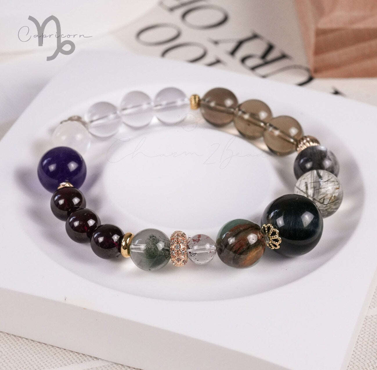 Capricorn Horoscope Lucky Guardian Crystal Natural Gemstone Bracelet Handmade Original Design on Elastic Band