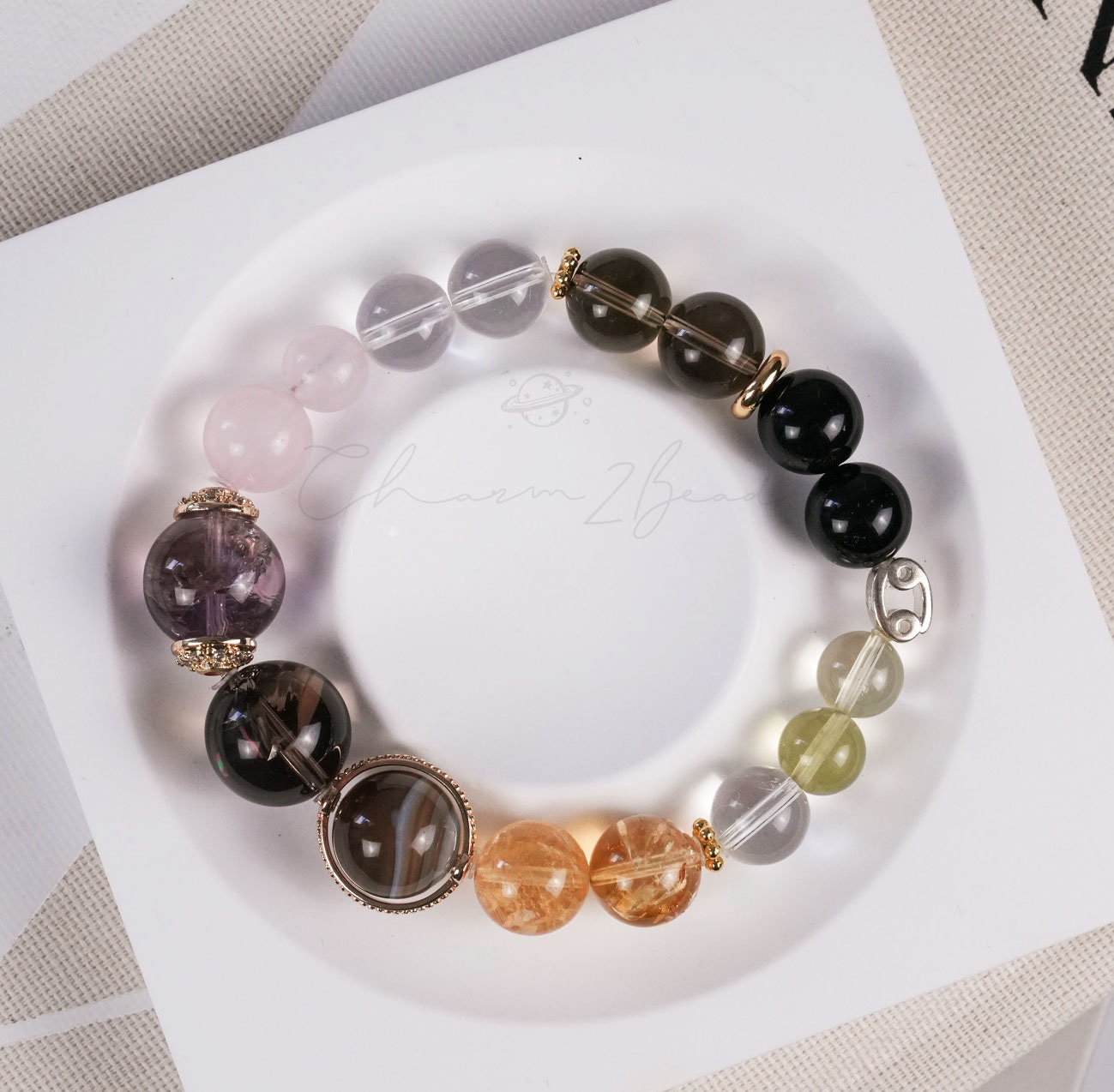 Cancer Horoscope Lucky Guardian Crystal Natural Gemstone Bracelet Handmade Original Design on Elastic Band