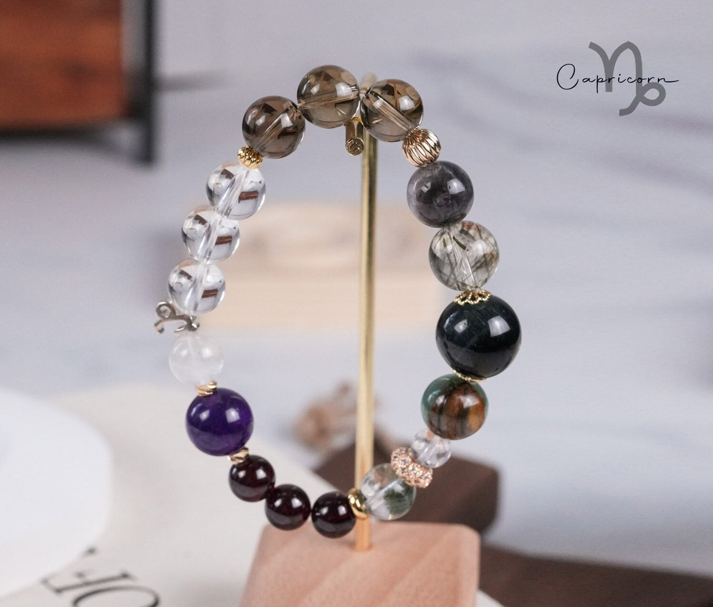 Capricorn Horoscope Lucky Guardian Crystal Natural Gemstone Bracelet Handmade Original Design on Elastic Band