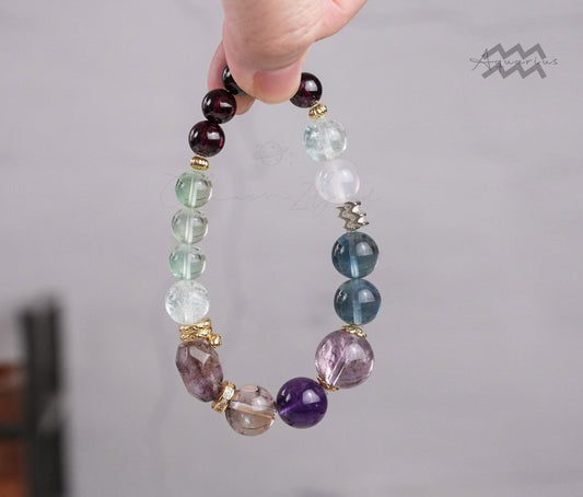 Aquarius Horoscope Lucky Guardian Crystal Natural Gemstone Bracelet Handmade Original Design on Elastic Band